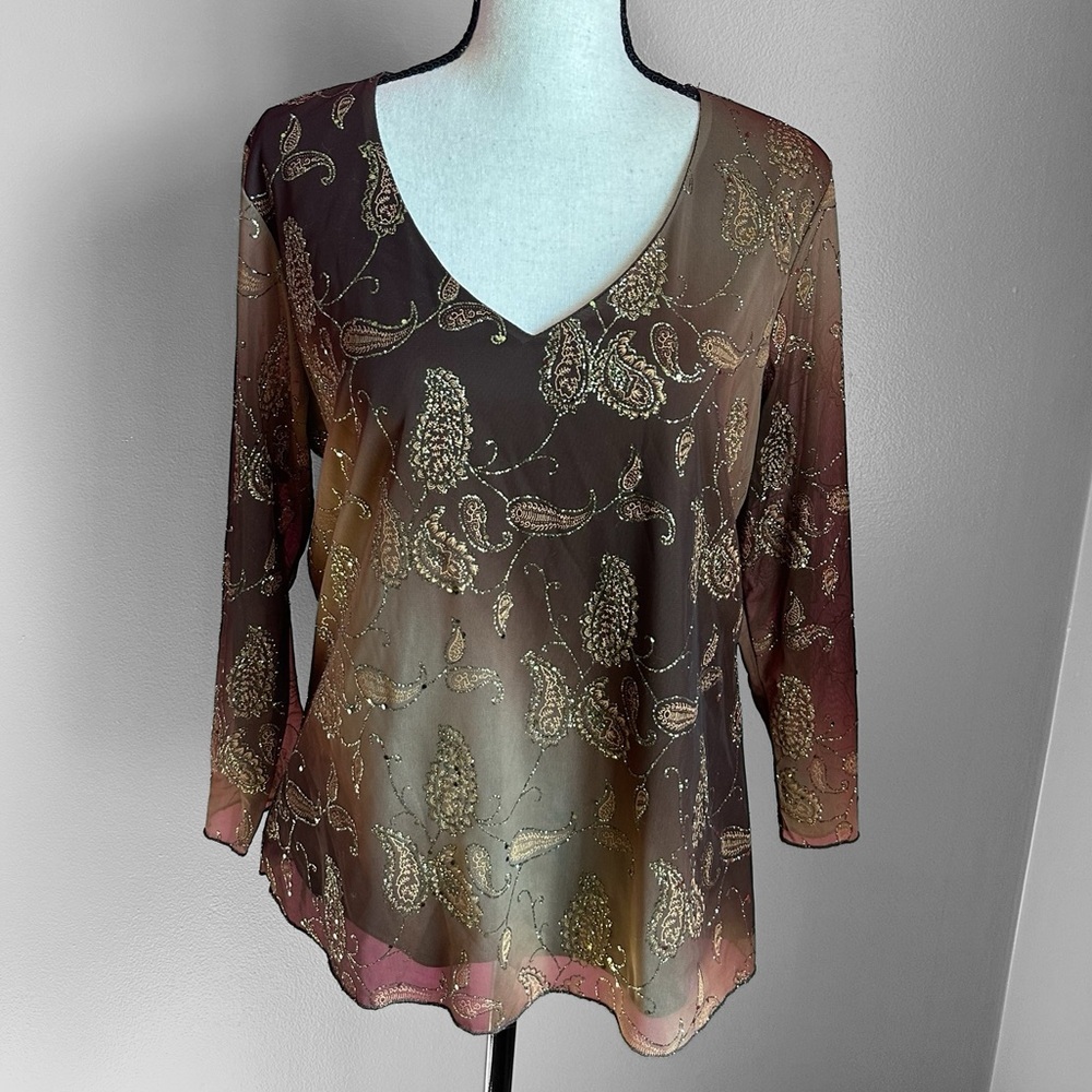 DressBarn Women’s XL Sheer Paisley Glitter Mesh Top Brown Bronze Y2K Boho Blouse